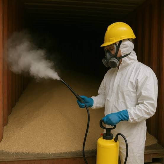 Blossom technician in full protective gear fumigating a space